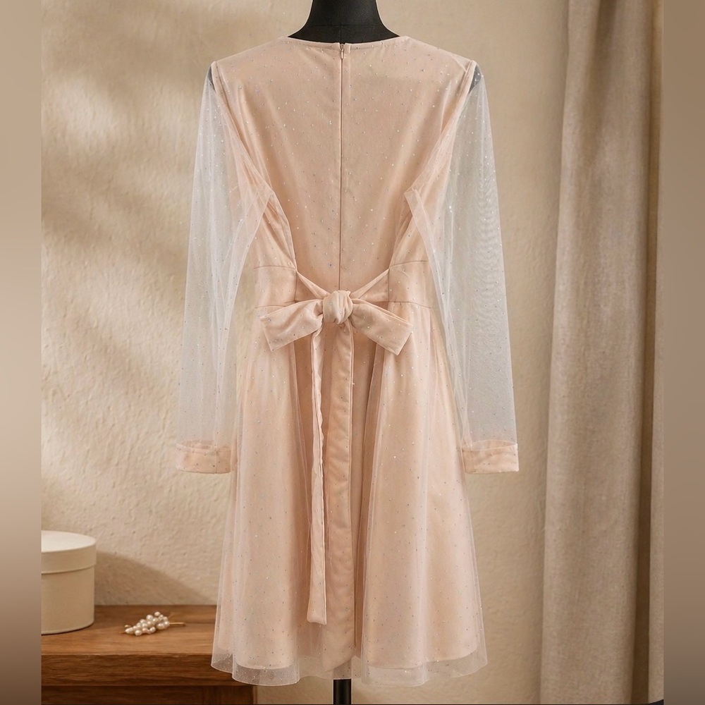 Elegant Cream A-Line V-Neck Dress with Sheer Long Sleeves - Picture 3 of 6